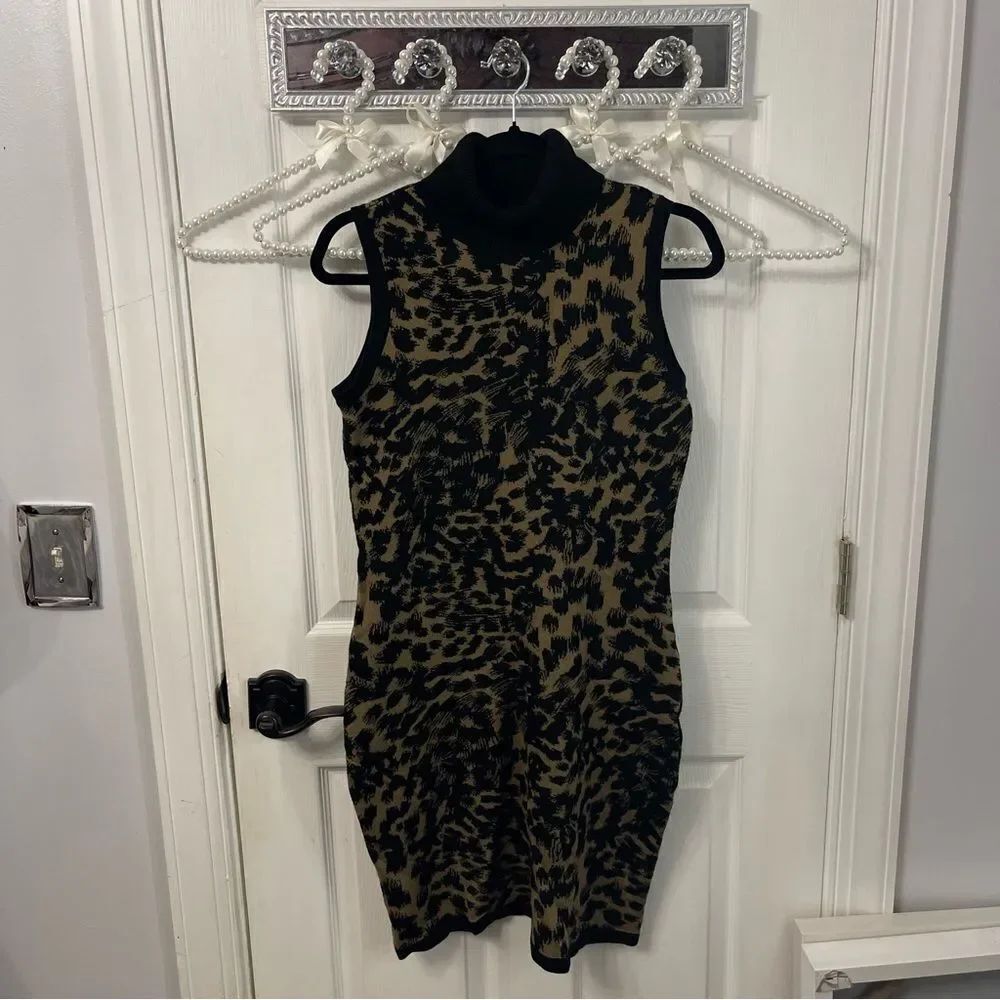 Calvin Klein Leopard Print Turtleneck Sweater Sleeveless Dress